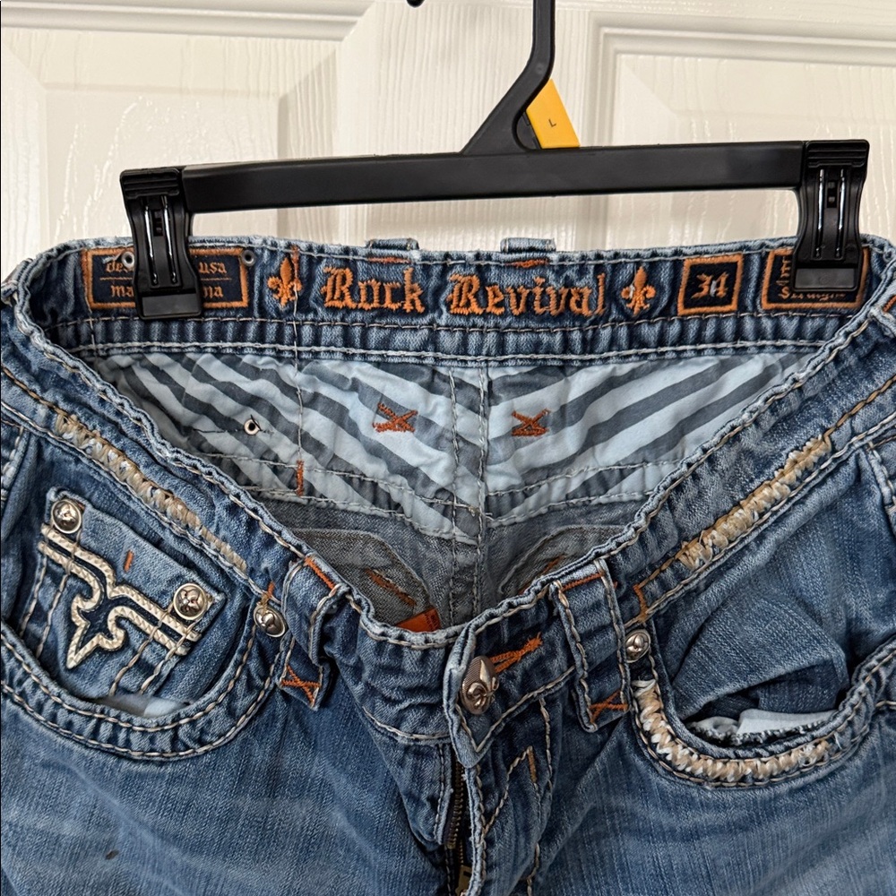 Rock Revival Men's Light Blue Denim Jeans with Orange Accents